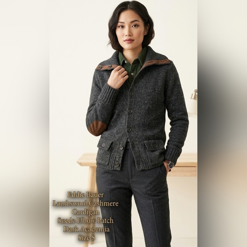Eddie Bauer Lambswool Cashmere Cardigan Suede Elbow Patch Dark Academia S